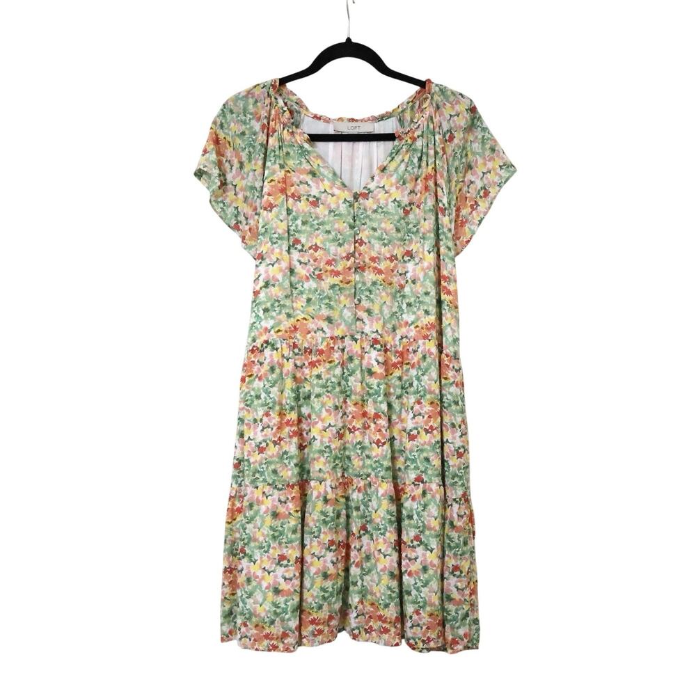Loft Green Floral Buttercup Tiered Swing Mini Dress L Cottagecore Coquette Boho